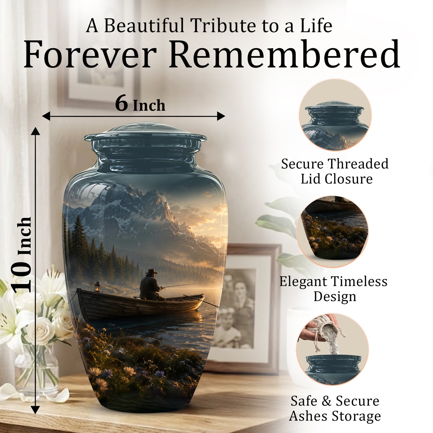 Fisherman Themed Urn - Artistic Fishing Landscape Urns For Human Ashes