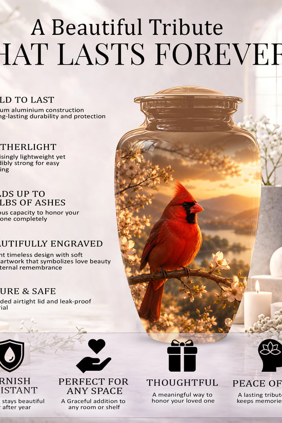 Red Cardinal Bird - Beautiful Sunset Scenic Burial Urns For  Ashes