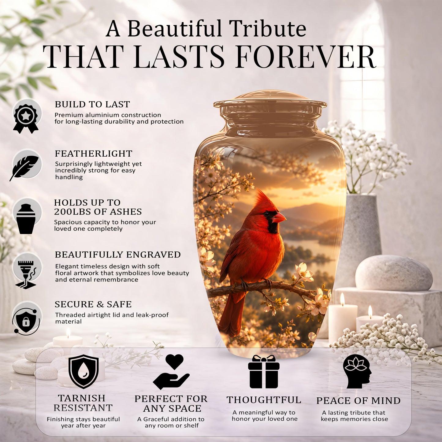 Red Cardinal Bird - Beautiful Sunset Scenic Burial Urns For  Ashes
