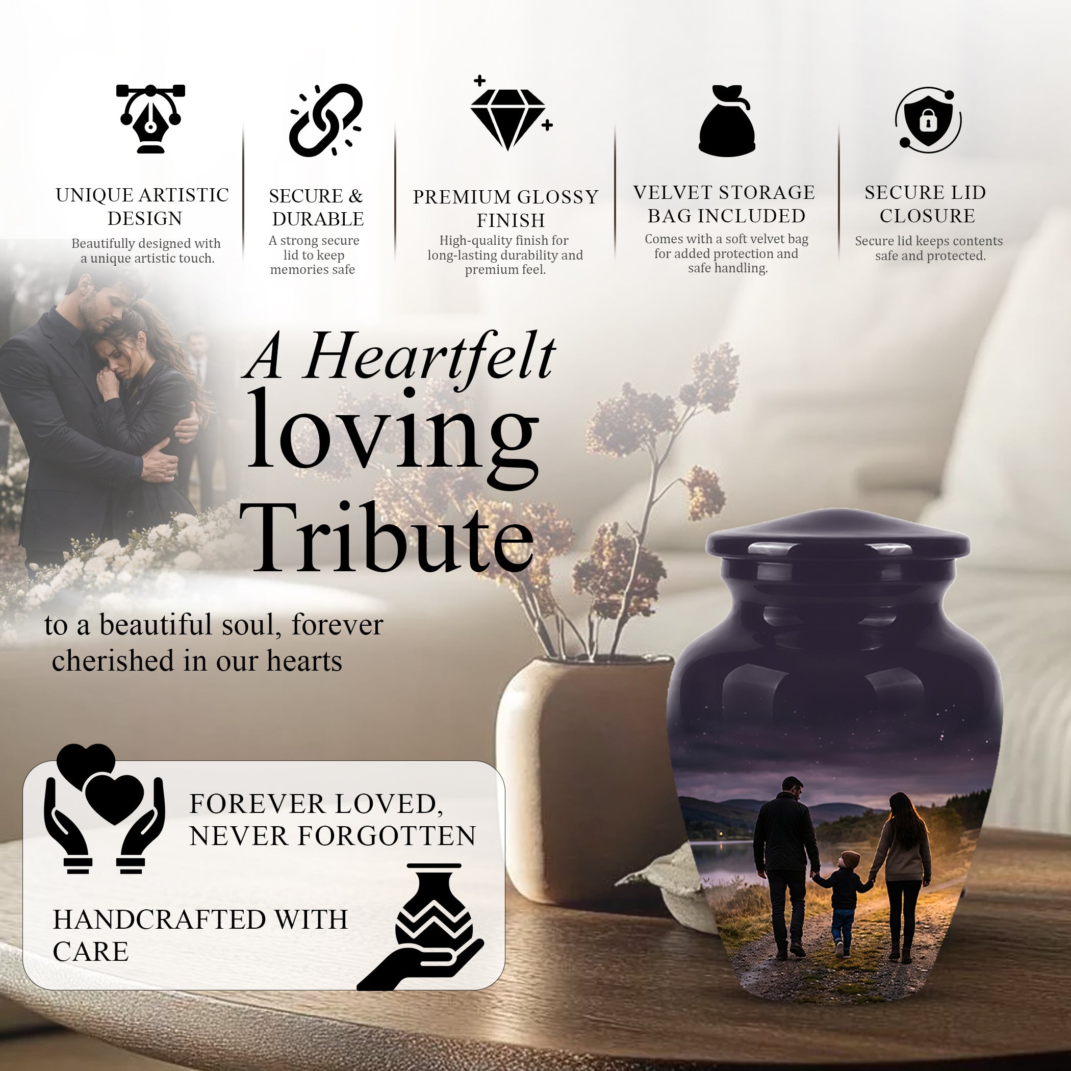 Dad, Son & Mom Cremation Urn - Artistic Night Burial Urns For Human Ashes