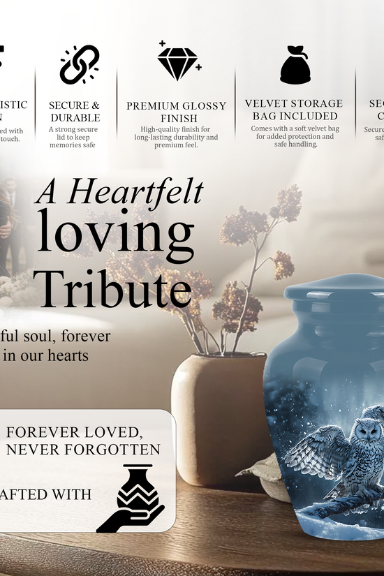Snowy Owl Cremation Urn - Blue Funeral Urns For Human Ashes