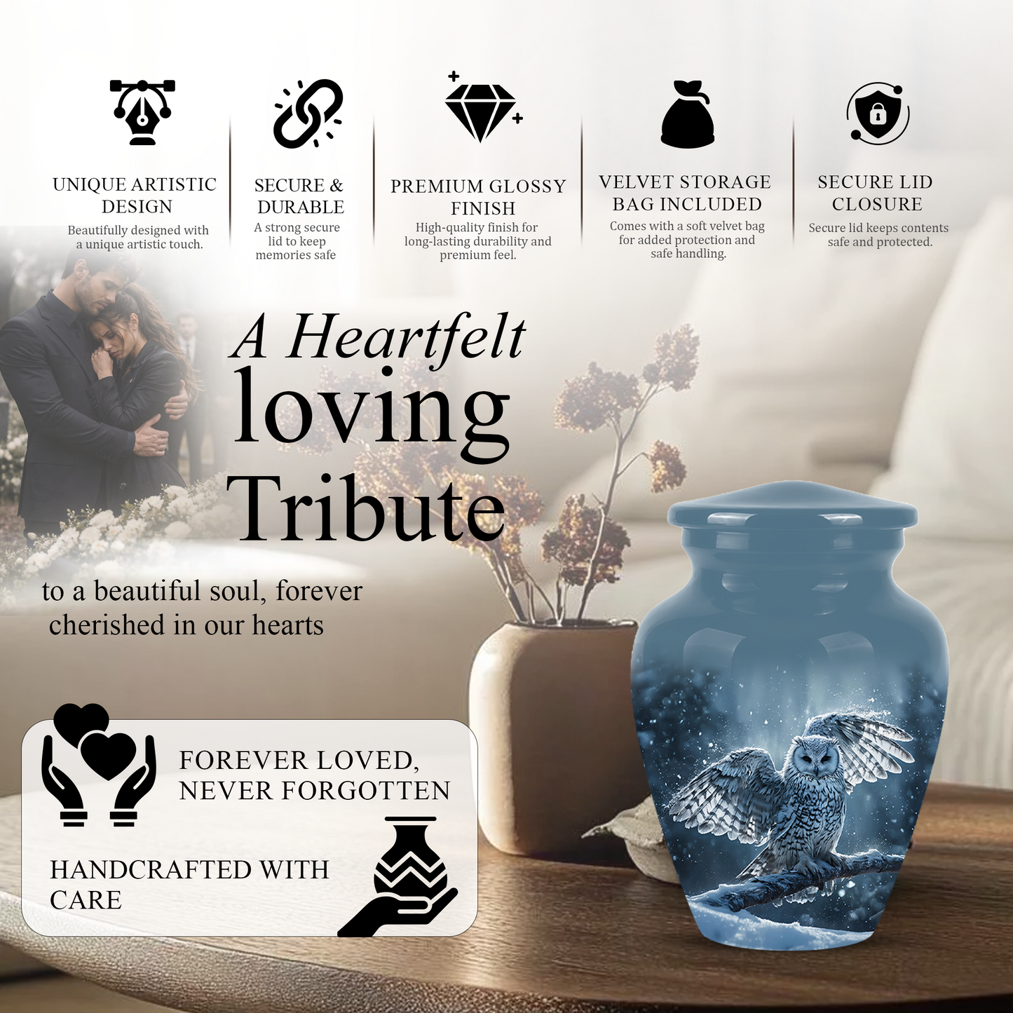 Snowy Owl Cremation Urn - Blue Funeral Urns For Human Ashes