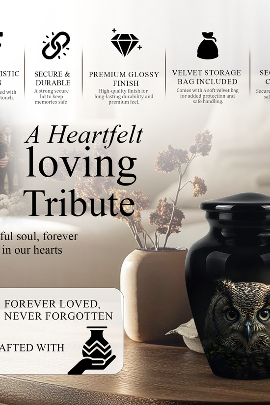Owl Cremation Urns For Human Ashes - Black Burial Urns For Dad