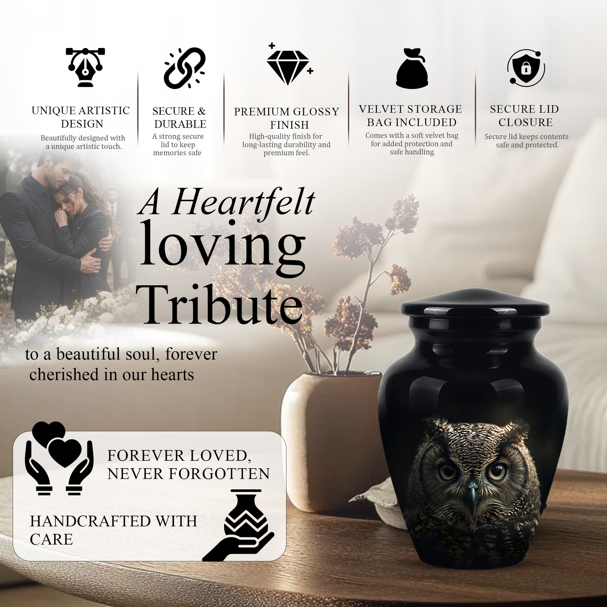 Owl Cremation Urns For Human Ashes - Black Burial Urns For Dad