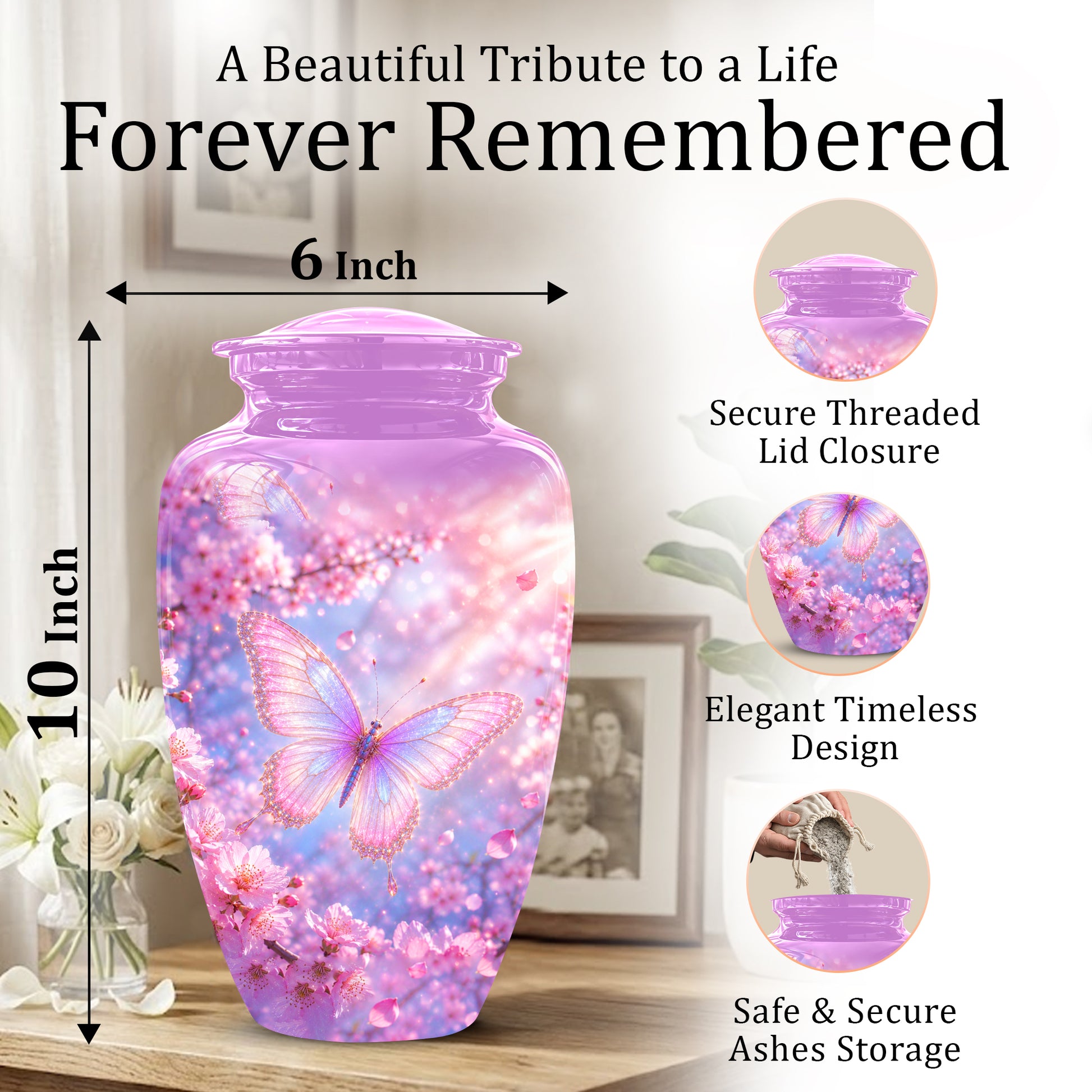 Beautiful Pink Butterfly Cremation Urn - Peaceful Tribute Urns For Mom