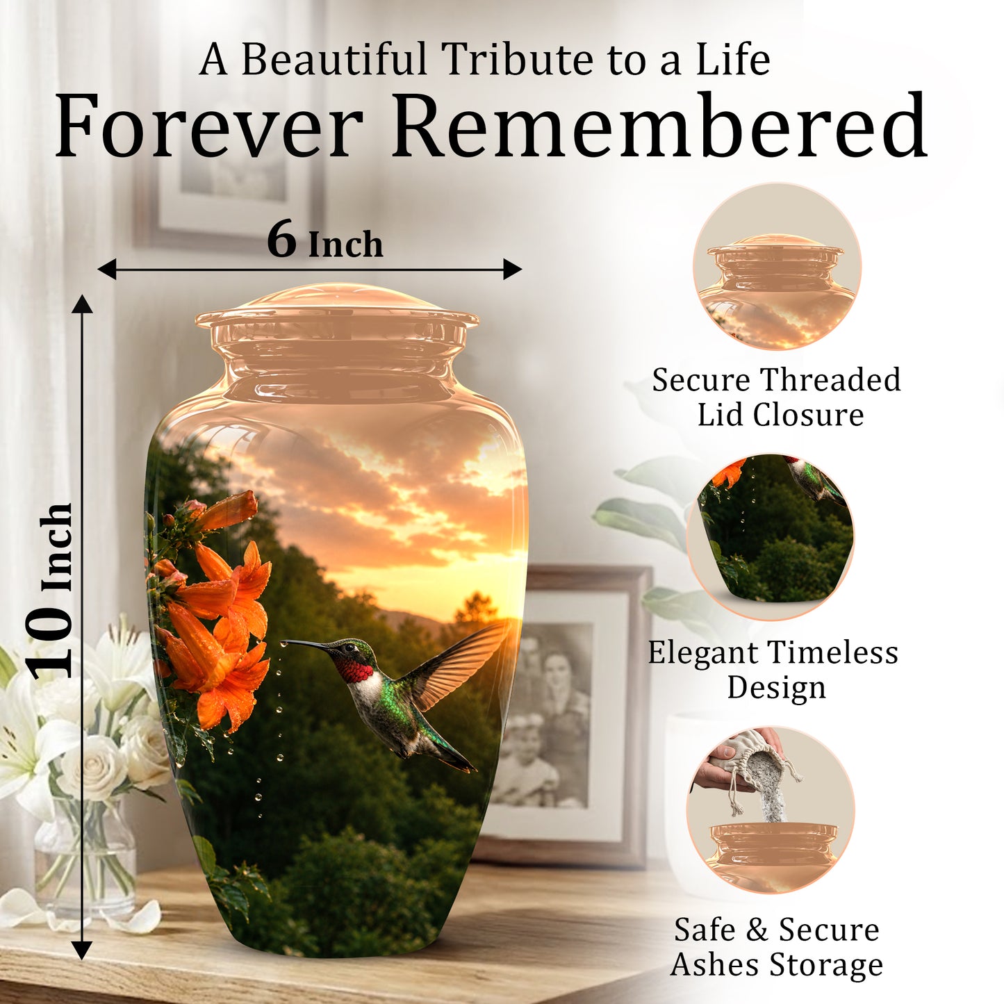 Hummingbird Memorial Urn - Custom Sunset Scenic Urns For Human Ashes