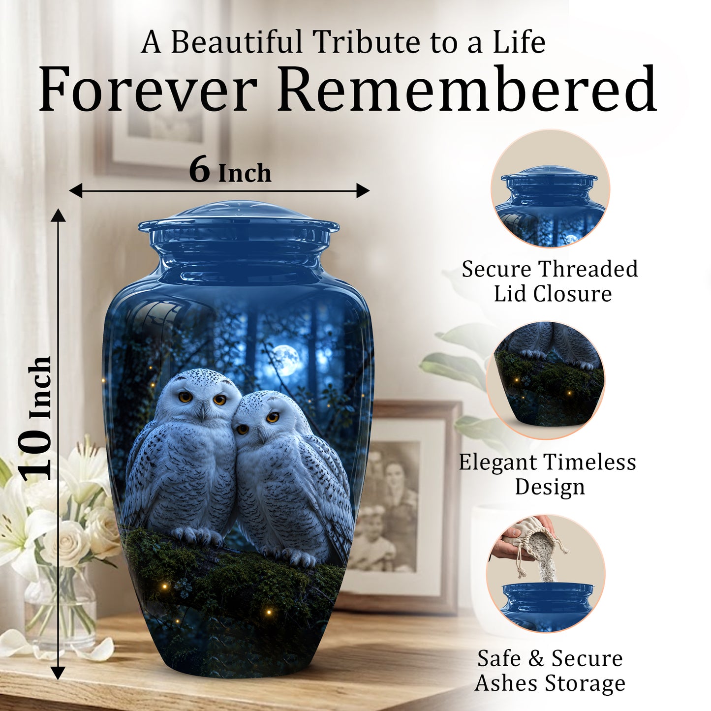 Snowy Owl Cremation Urn - Majestic Blue Memorial Urns For Human Ashes