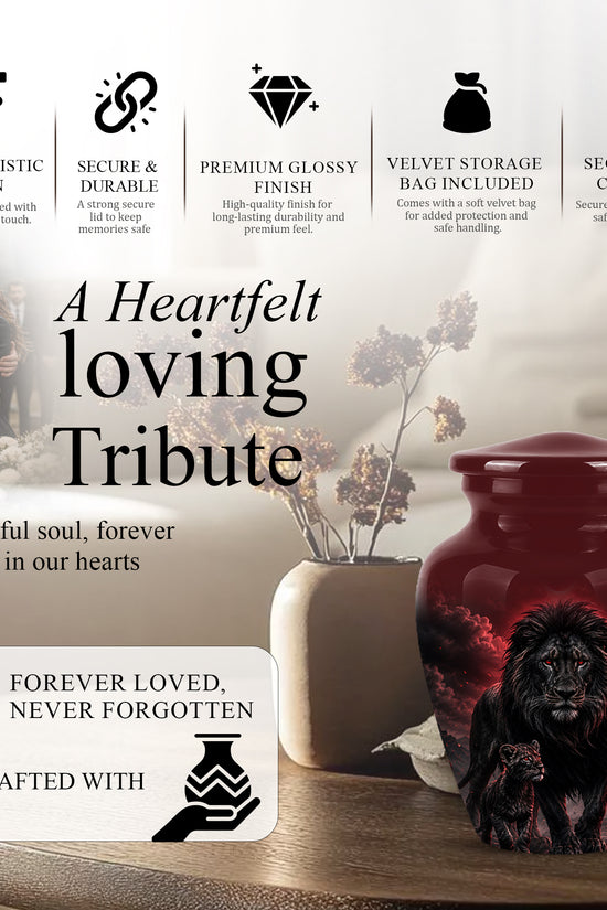 Lion With Cub Urn - Handcrafted Personalized Lion Burial Urn For Ashes