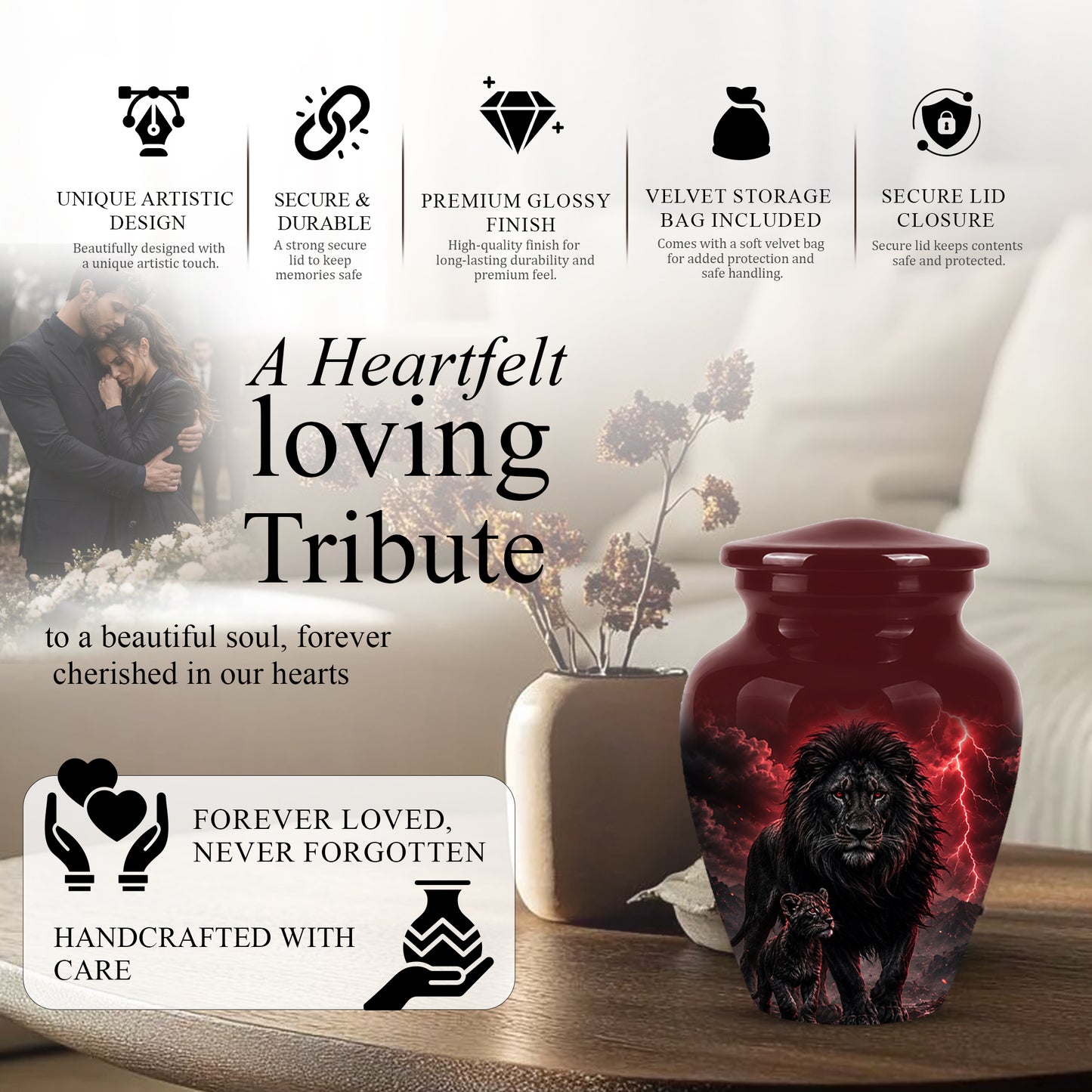 Lion With Cub Urn - Handcrafted Personalized Lion Burial Urn For Ashes