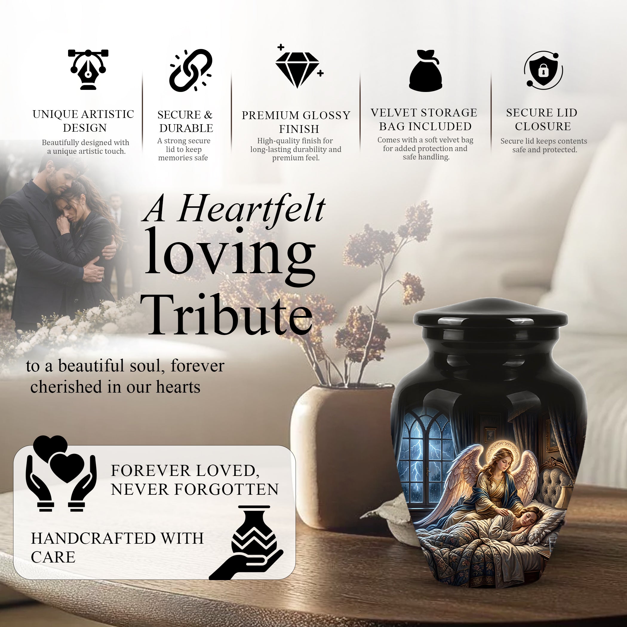 Angel Mom Cremation Urn - Black Memorial Urns For Mother Ashes