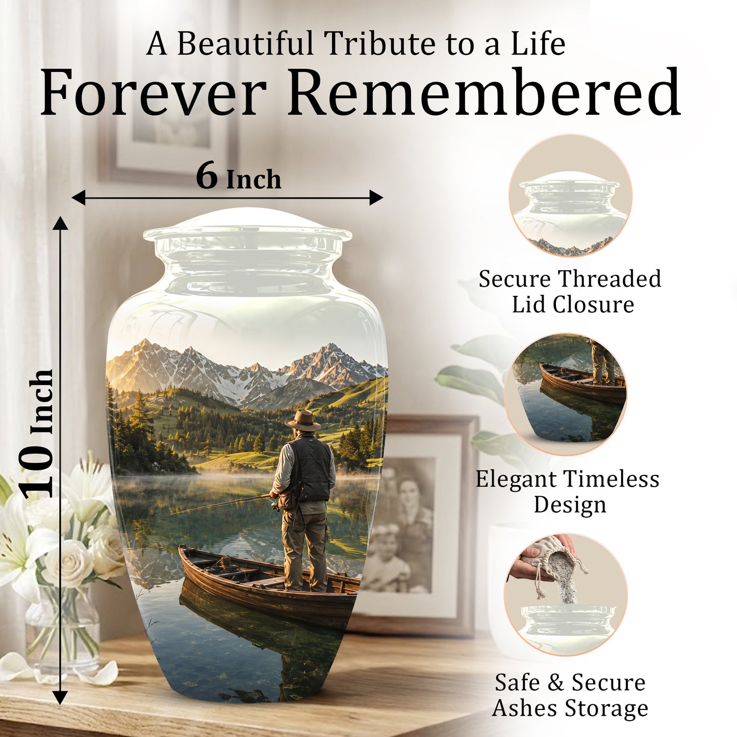 Fishing Cremation Urn - Artistic Landscape Fishing Urns For Dad Ashes