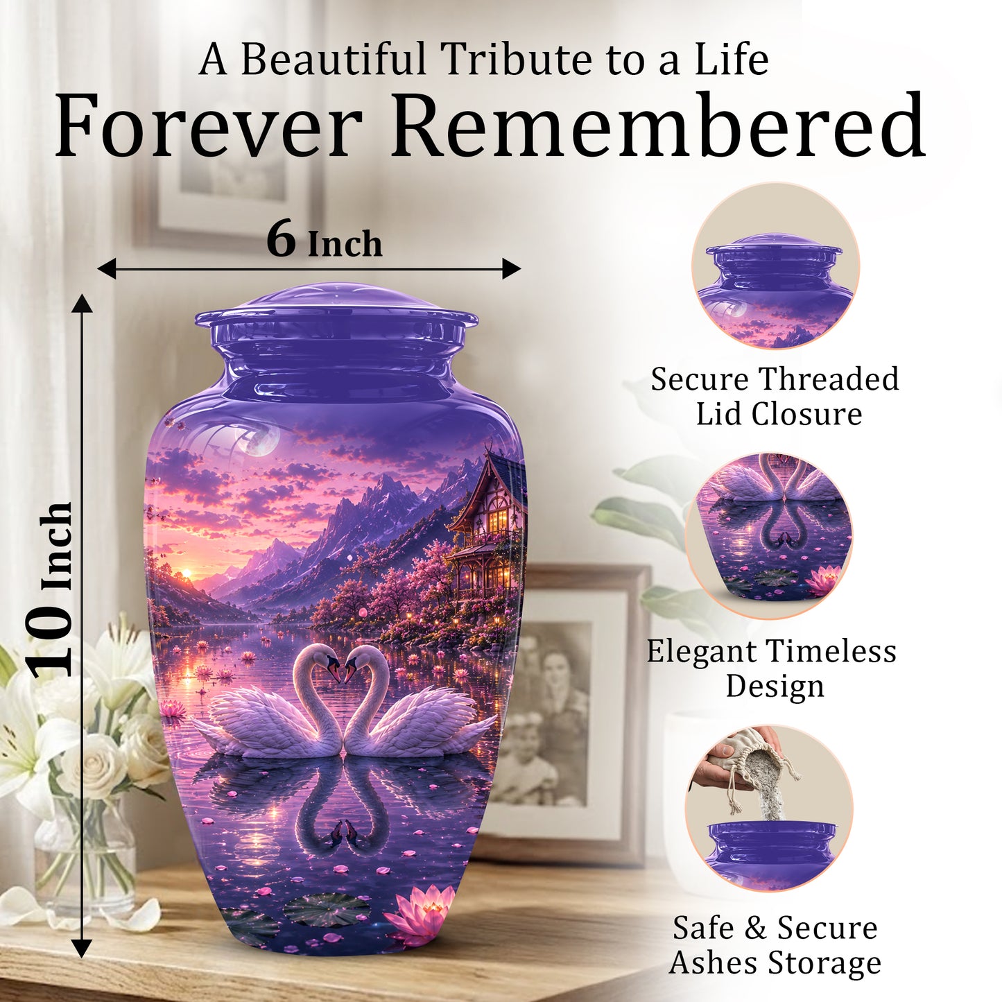 Couple Swan Cremation Urn - Purple Memorial Urns For Loved Ones Ashes