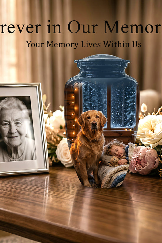 Golden Retriever Dog With Child - Beautiful Custom Pet Urns For Ashes