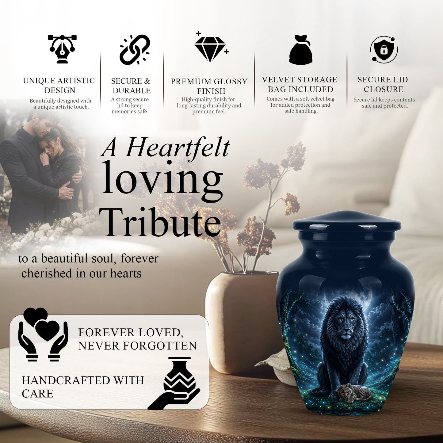 Lion And Moon Memorial Urn - Lion Adult Male Funeral Urns For Ashes