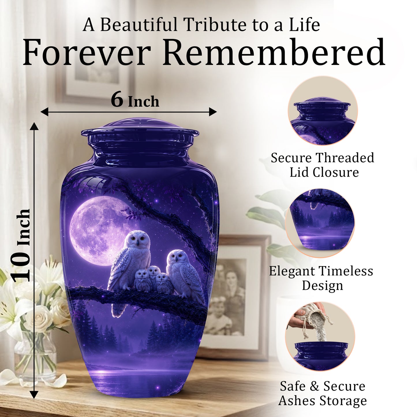 Purple Owl Cremation Urn - Handcrafted Memorial Urn For Adults Ashes