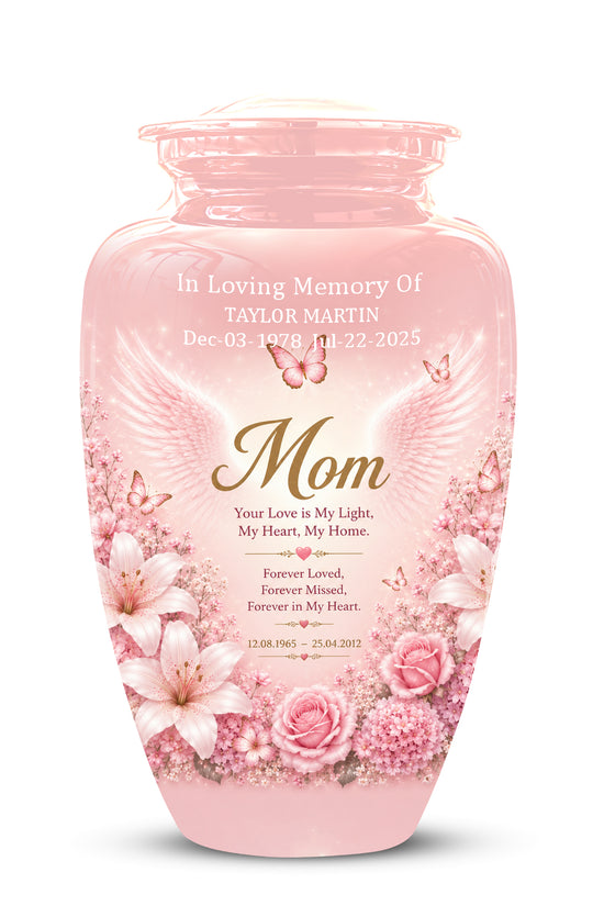 Angel Wings Funeral Urn for Mom – Pink Aluminium Burial Urn for Human Ashes