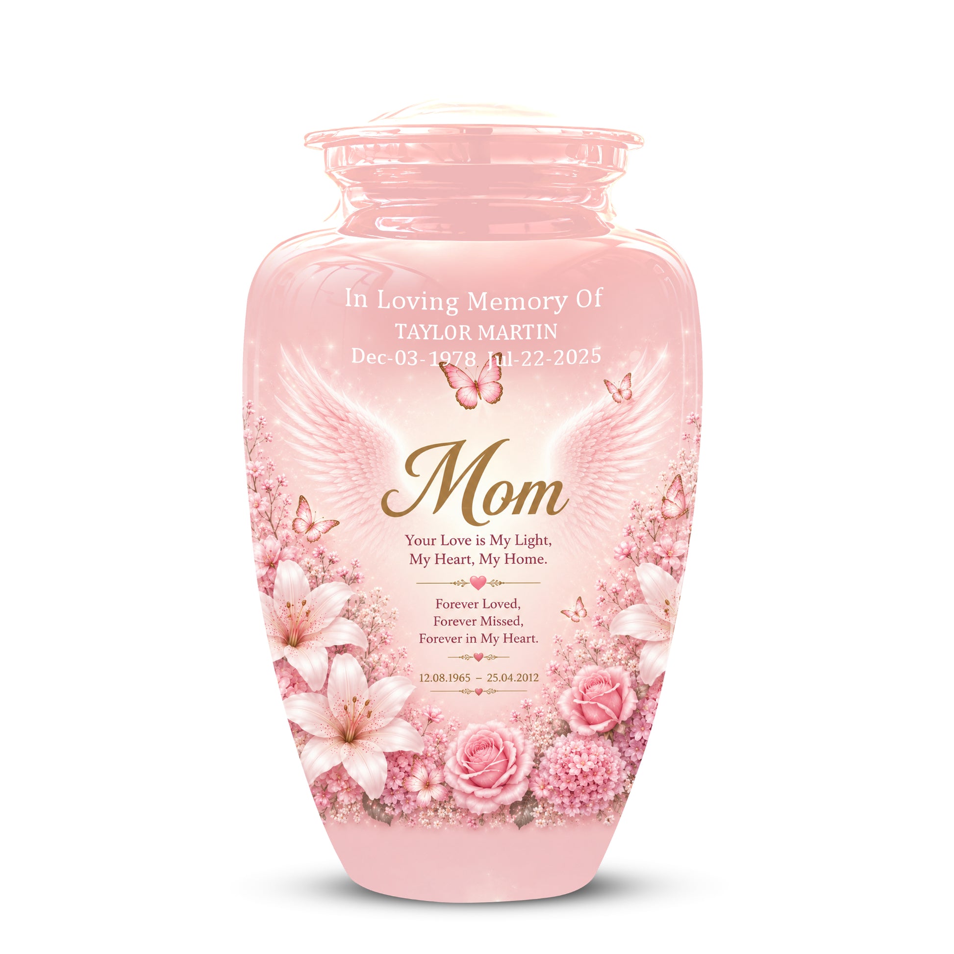 Angel Wings Funeral Urn for Mom – Pink Aluminium Burial Urn for Human Ashes