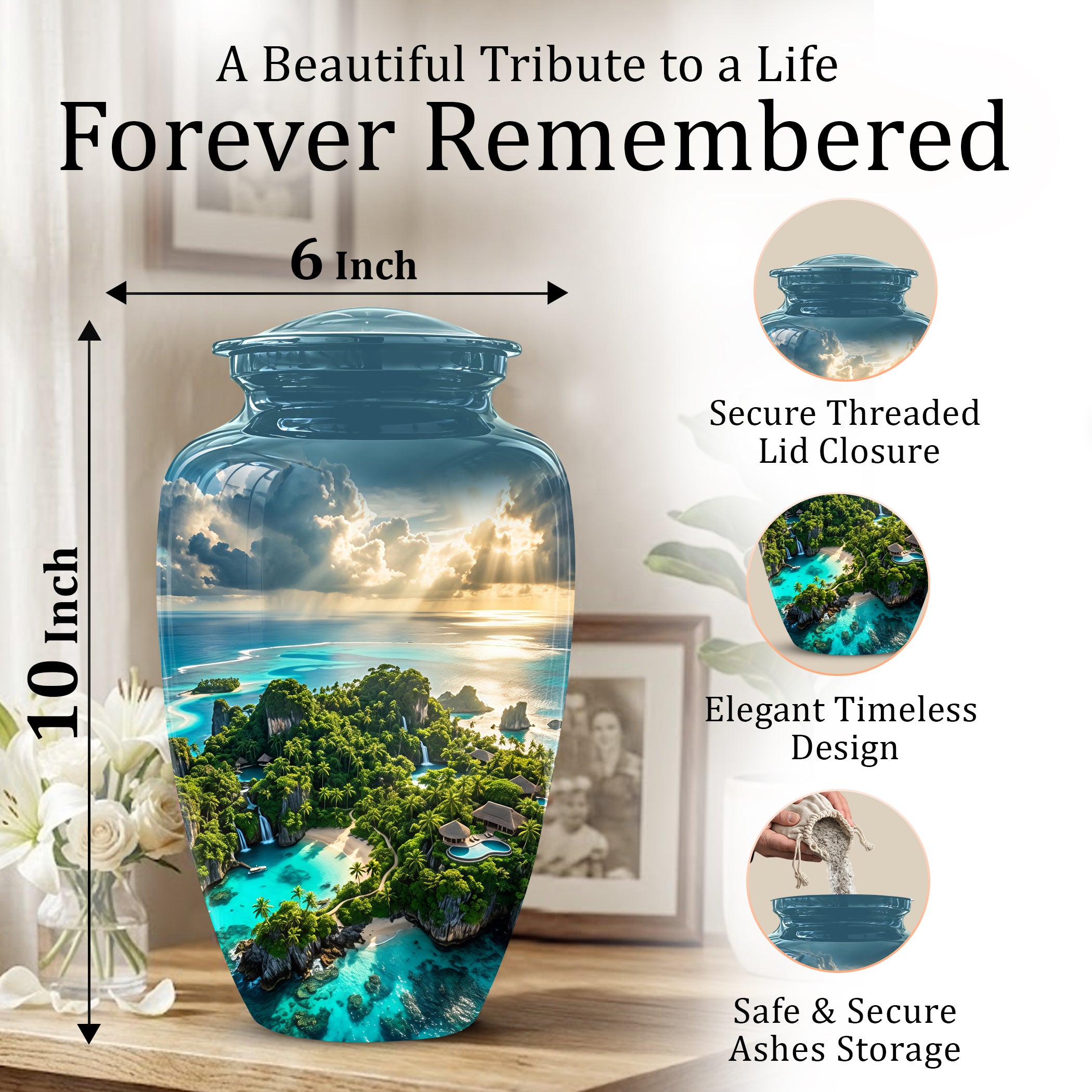 Beach Island Cremation Urn For Human Ashes - Adult Size Memorial Urns