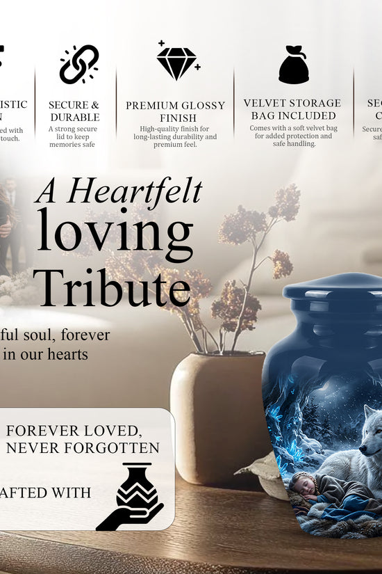 White Wolf With Girl Urn - Custom Memorial Urns For Men & Women Ashes