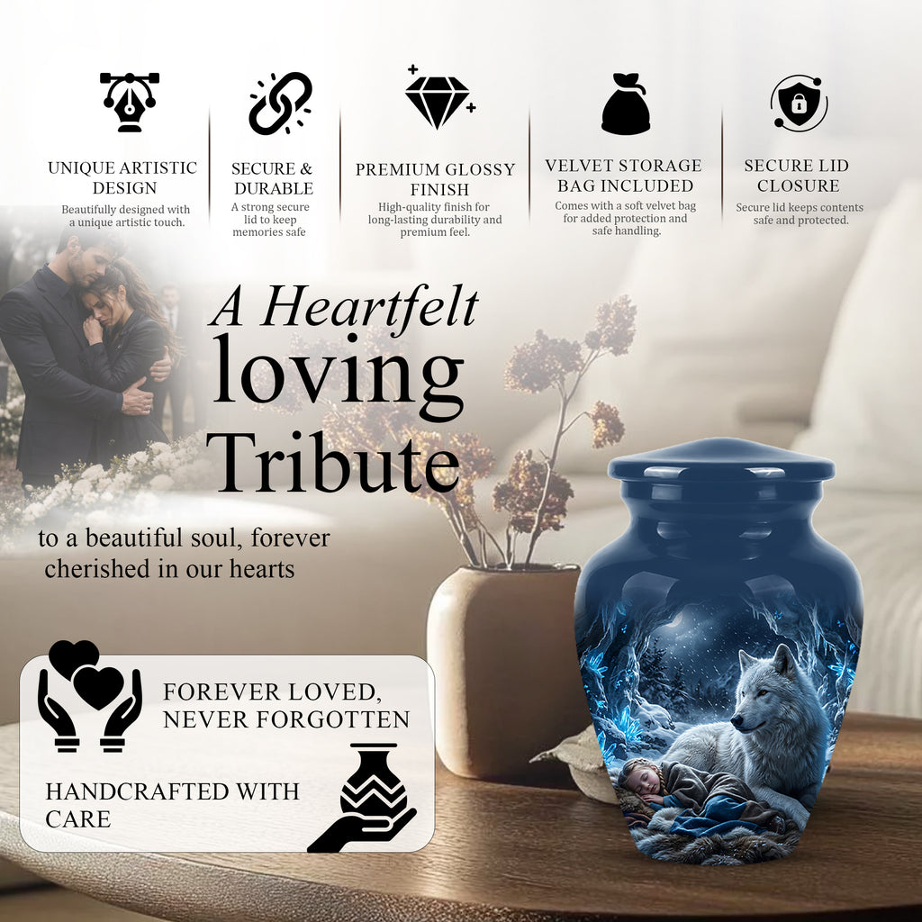 White Wolf With Girl Urn - Custom Memorial Urns For Men & Women Ashes