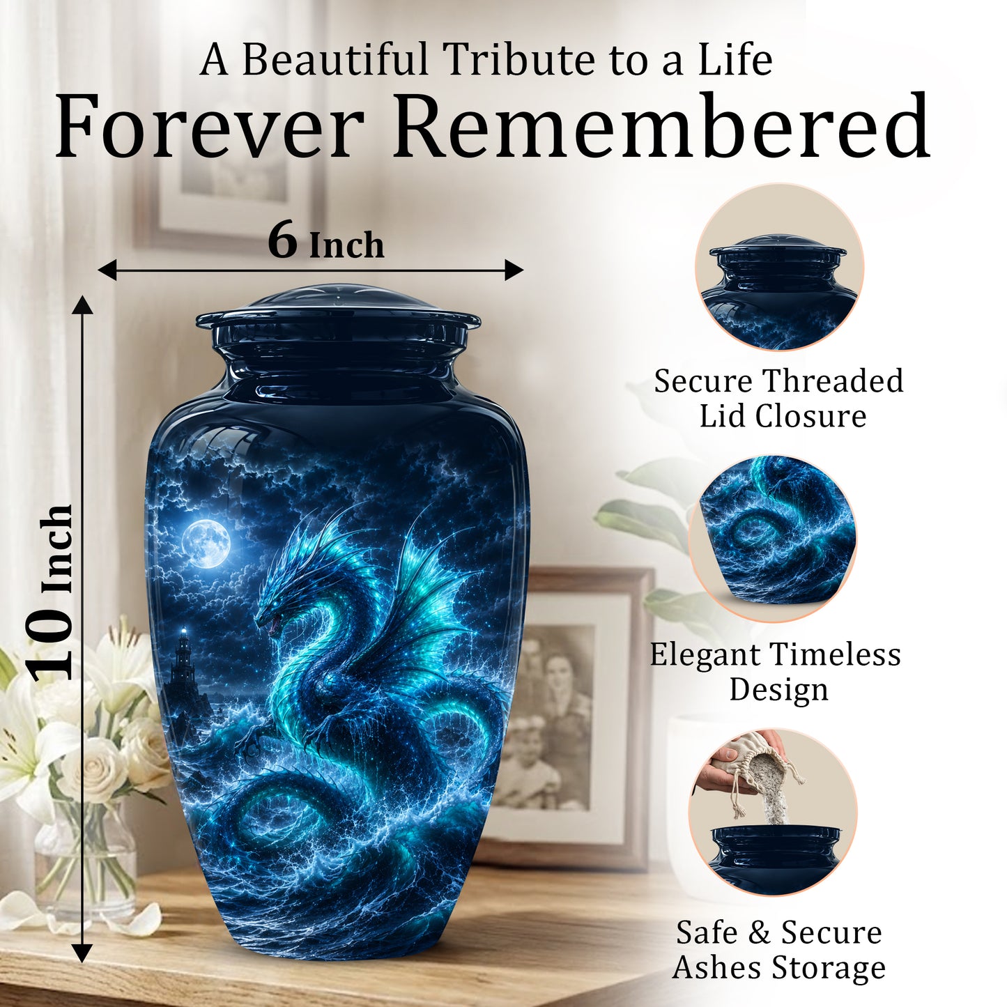 Mystical Blue Dragon Cremation Urn - Custom Handmade Burial Urns