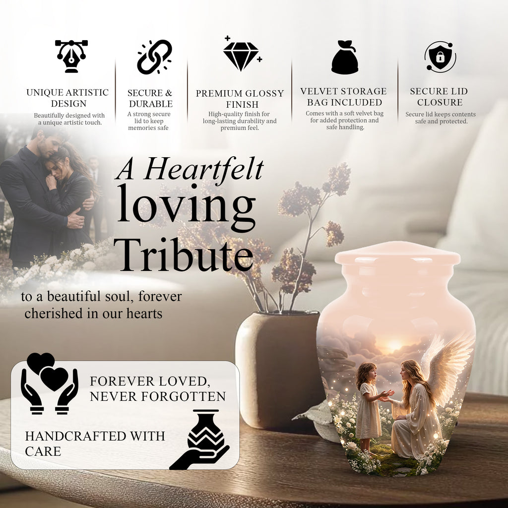 Angel Mom With Girl Child - Beautiful Artistic Custom Urns For Mom Ashes