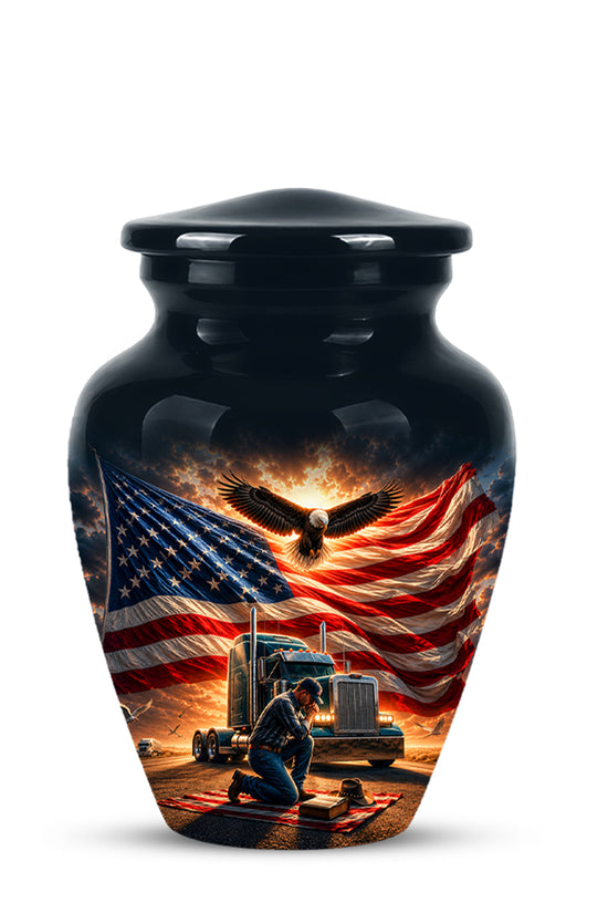 Personalized Patriotic Truck Driver Funeral Urn with American Flag Design