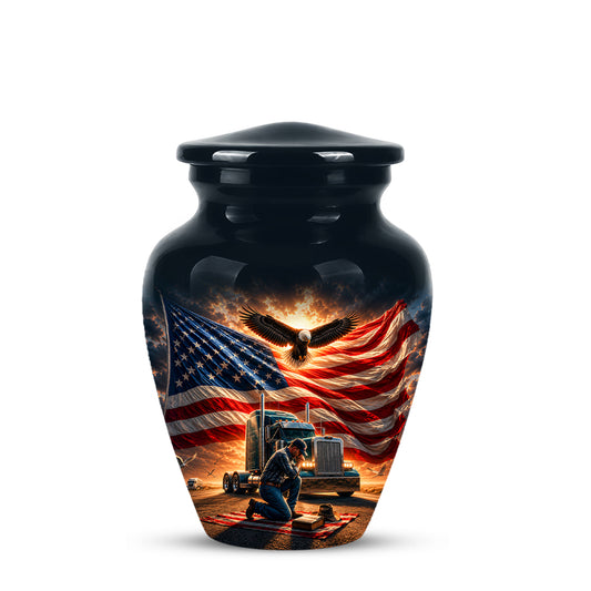 Personalized Patriotic Truck Driver Funeral Urn with American Flag Design