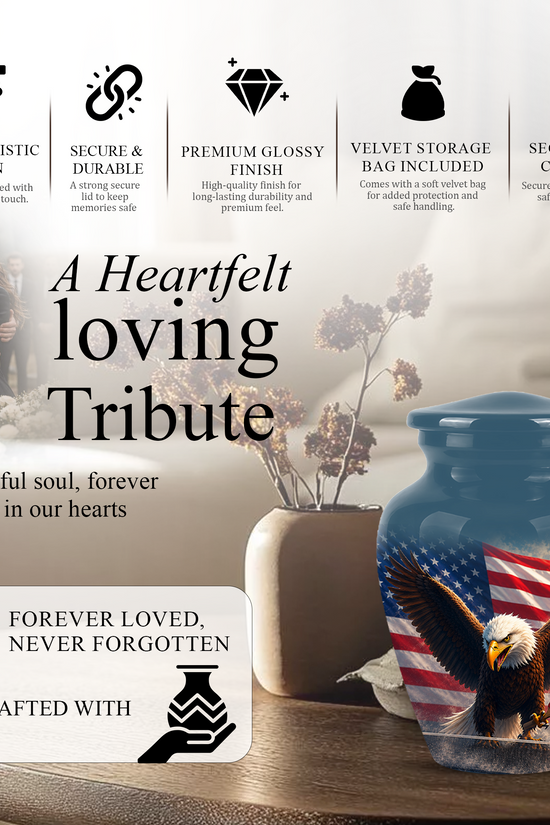 Flying Eagle With American Flag Urn - Patriotic Funeral Memorial Urns