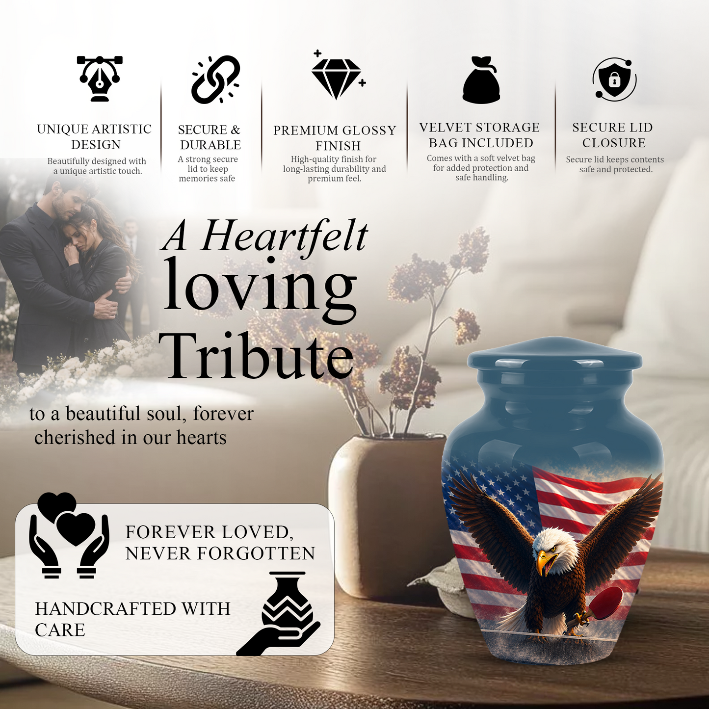 Flying Eagle With American Flag Urn - Patriotic Funeral Memorial Urns