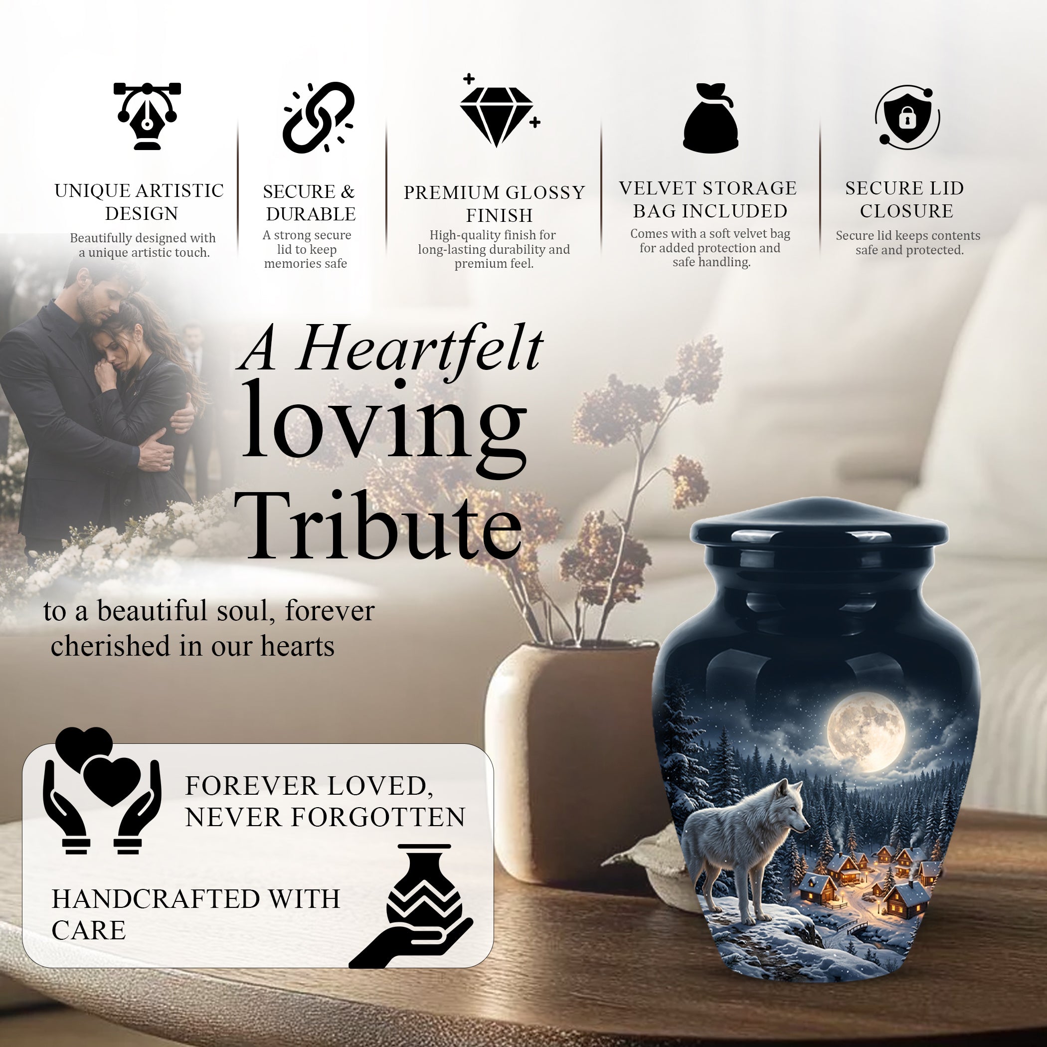 Moonlit Wolf Urn for Ashes - Custom Memorial Urn For Human Ashes