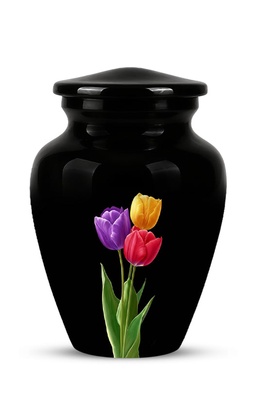 Colorful Tulips Flower Cremation Urn - Personalized Black Urns On Sale