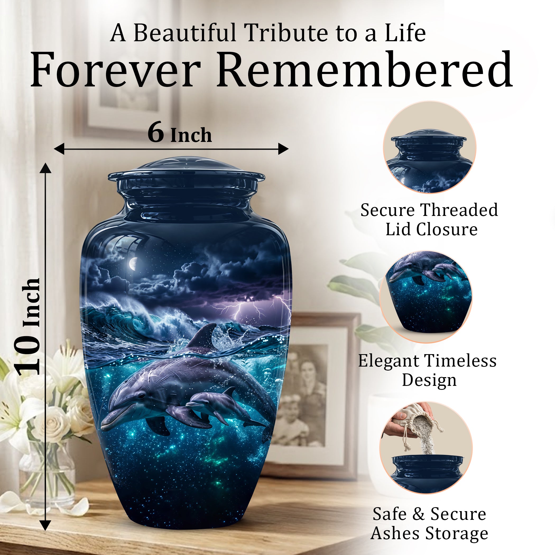 Dolphin Cremation Urn for Ashes –  Beautiful Ocean Storm Memorial Art