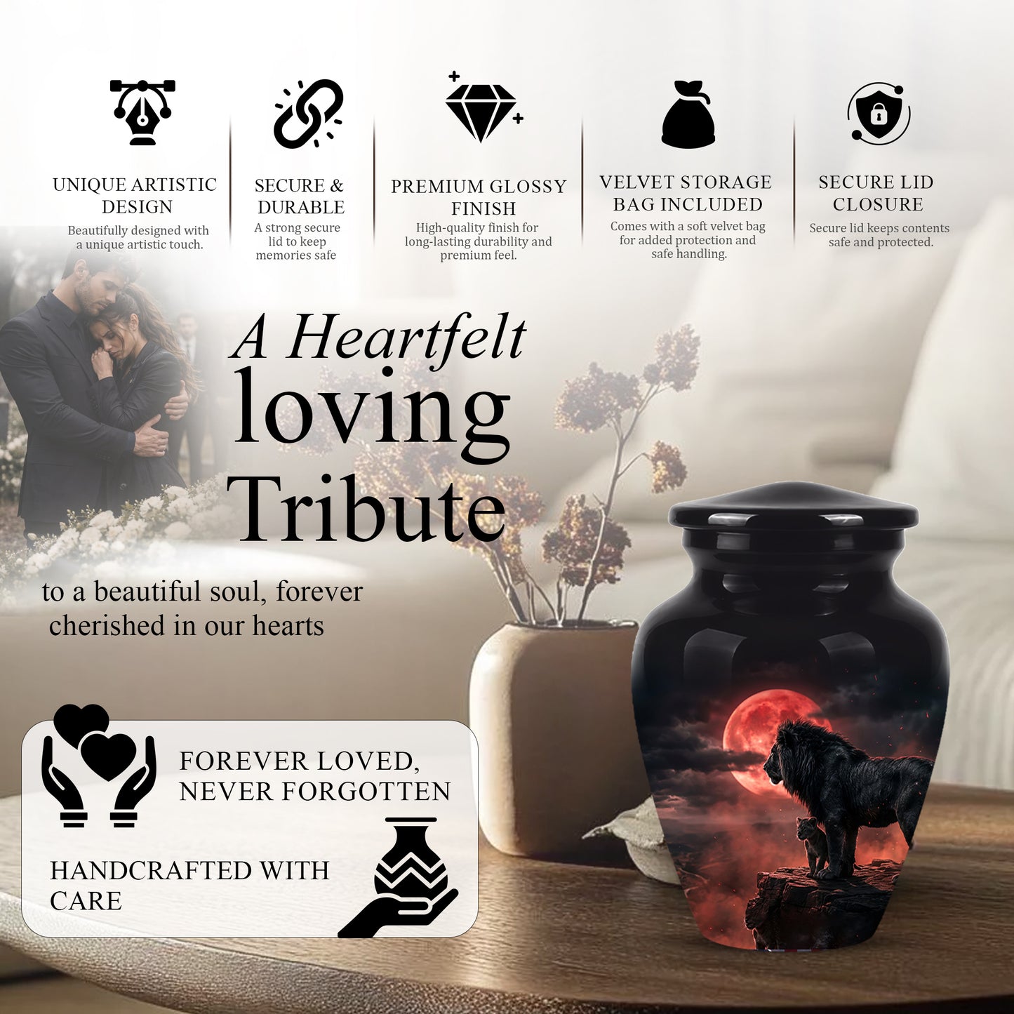 Lion With Cub Cremation Urn - Blood Moon Urns For Human Ashes