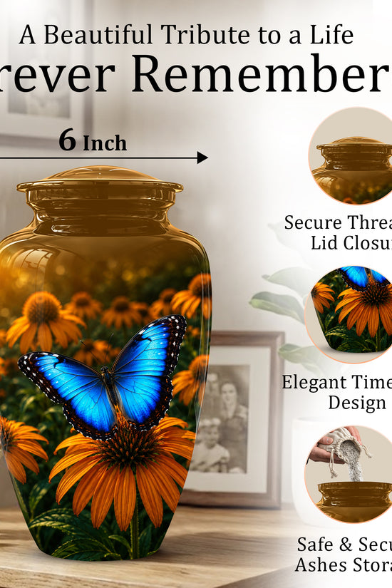 Blue Butterfly On Flower Cremation Urn - Personalized Urns For Mom Ashes