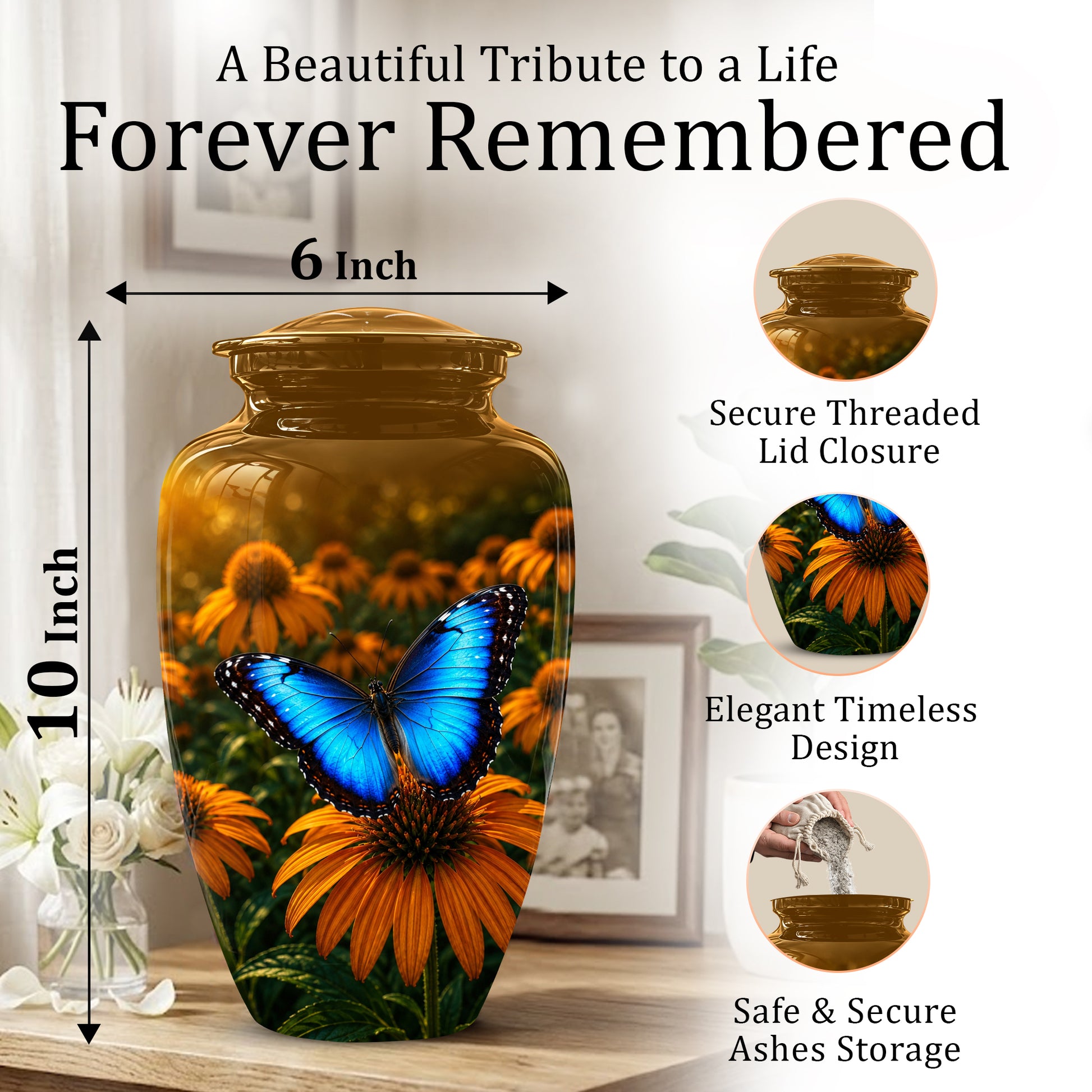 Blue Butterfly On Flower Cremation Urn - Personalized Urns For Mom Ashes