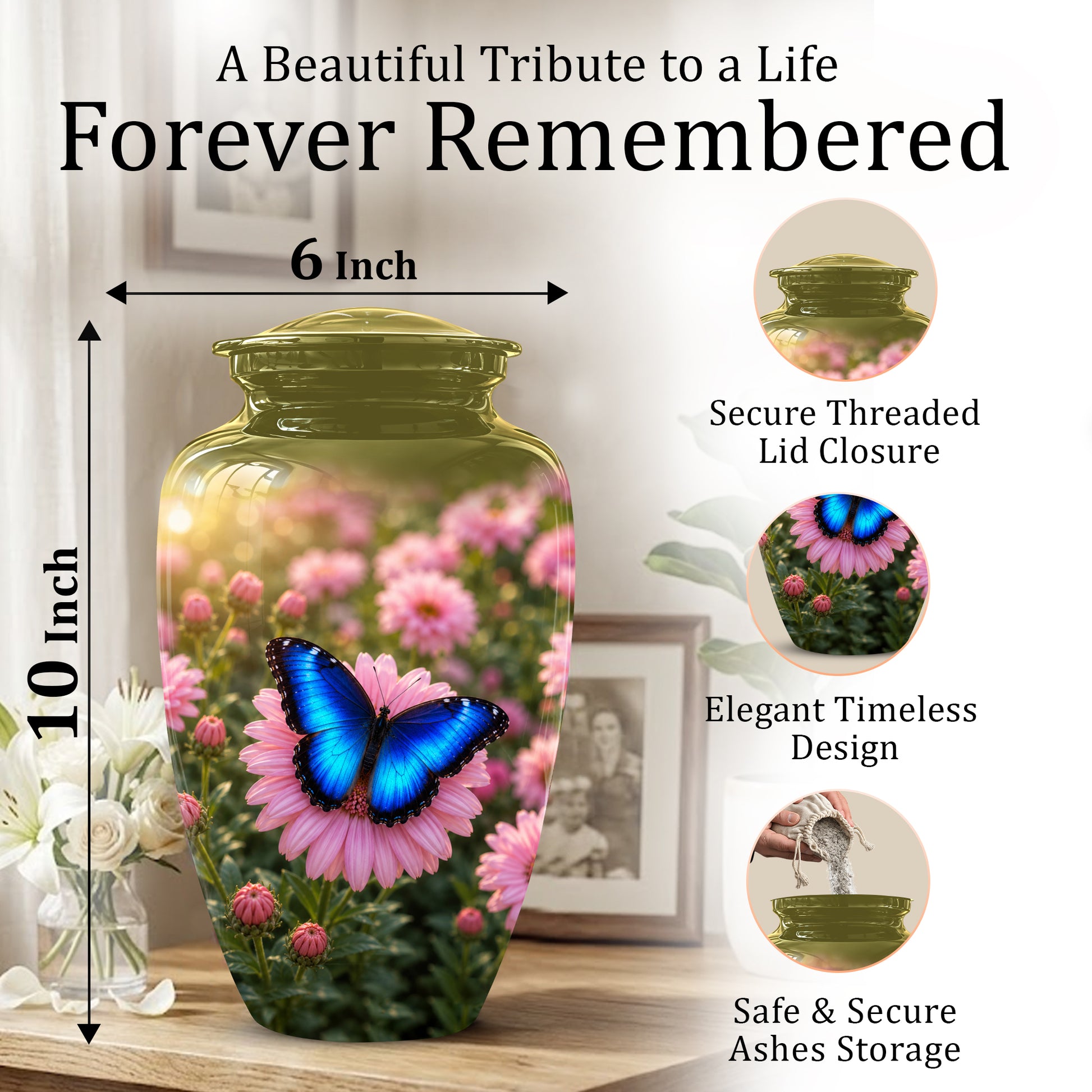 Personalized Blue Butterfly Urn - Pink Flower Memorial Urns For Ashes