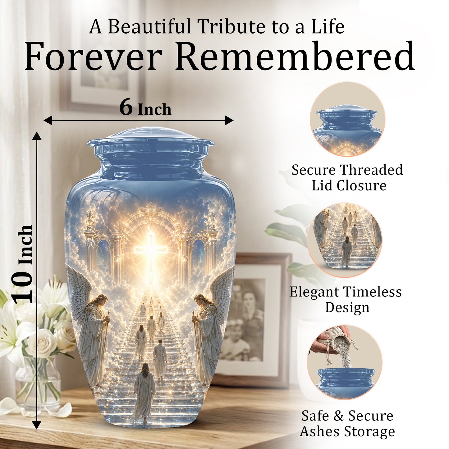 Heaven’s Gate Cross Cremation Urn – Angel Memorial Urn For Human Ashes