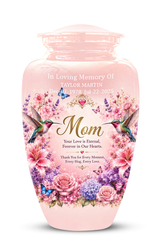 Hummingbird Floral Memorial Urn for Mother – Pink Aluminium Cremation Urn for Loved ones