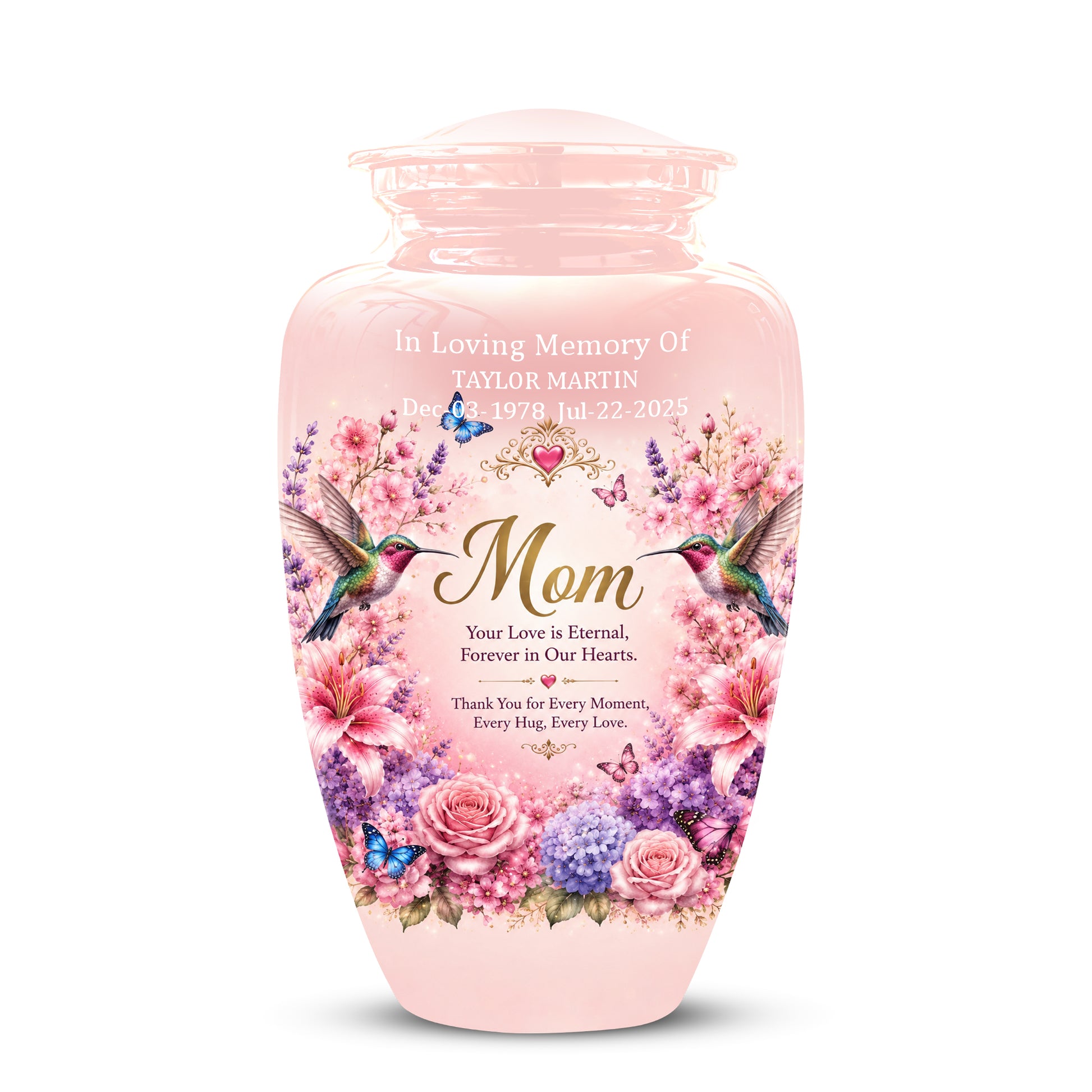 Hummingbird Floral Memorial Urn for Mother – Pink Aluminium Cremation Urn for Loved ones