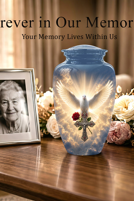 White Dove Bird With Rose - Blue Memorial Urns For Human Ashes