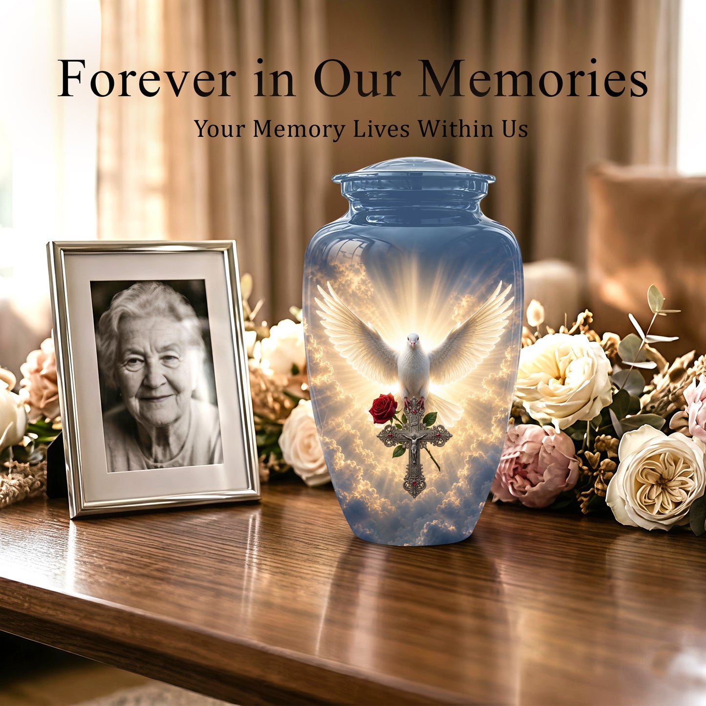 White Dove Bird With Rose - Blue Memorial Urns For Human Ashes