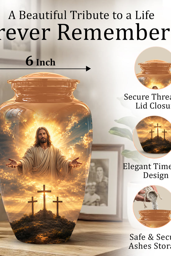 Christian Cross Themed Urn - Sunset Jesus Urns For Spiritual Human Ashes