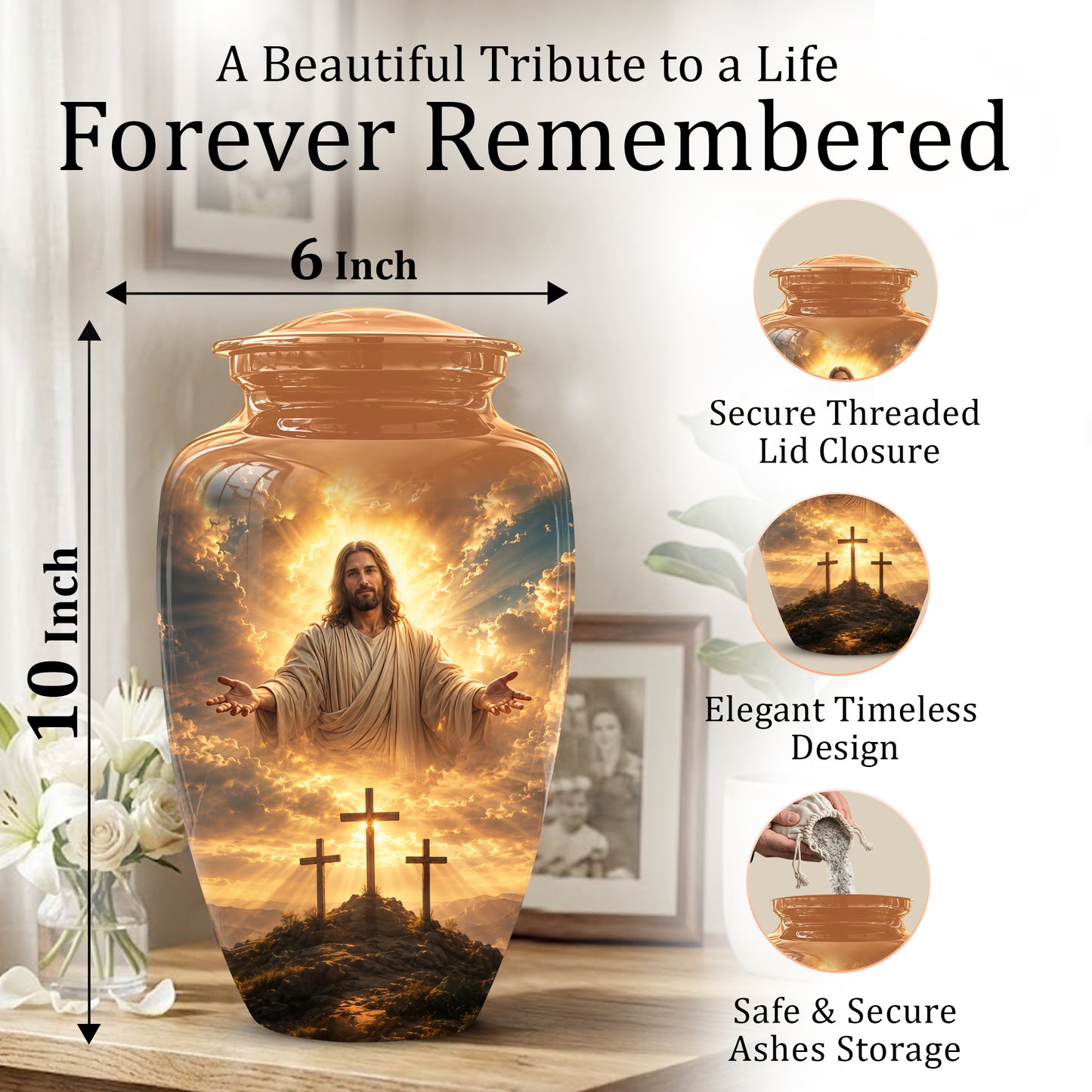 Christian Cross Themed Urn - Sunset Jesus Urns For Spiritual Human Ashes