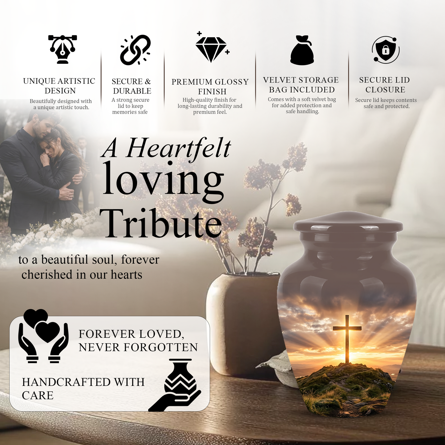 Christian Cross Cremation Urn - Sunrise Scenic Burial Urns For Human Ashes