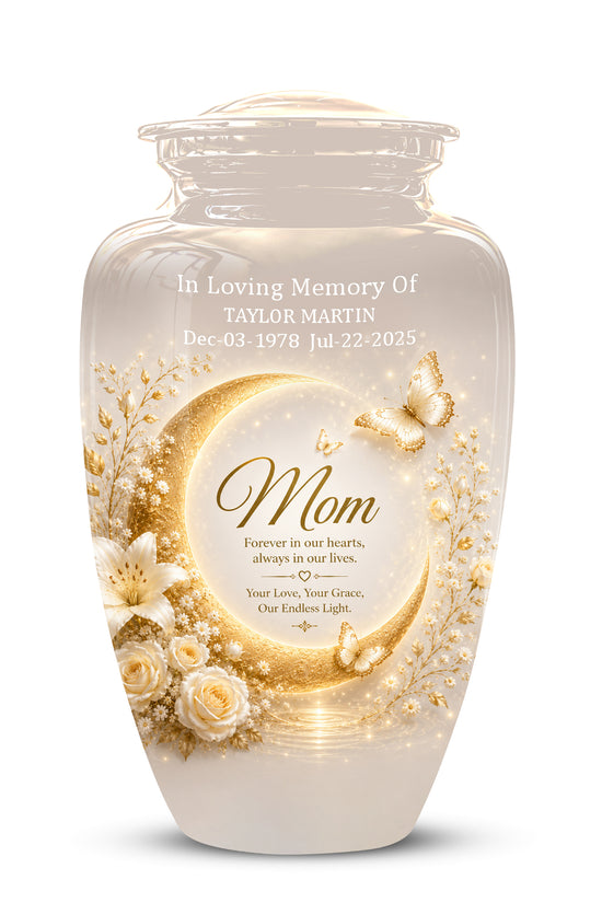 Floral Memorial Urn for Mom – White Aluminium Cremation Urn for Ashes