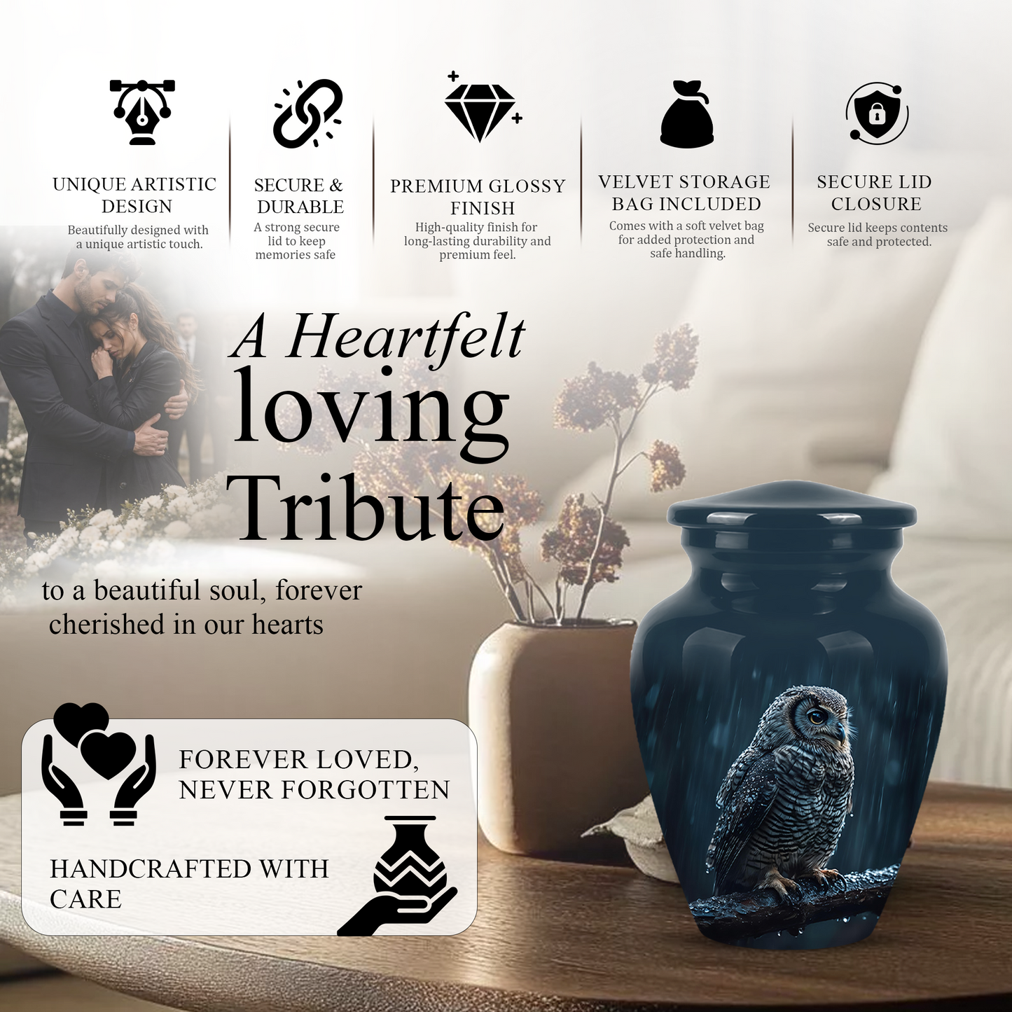 Snowy Owl Cremation Urn - Night Owl Burial Urns For Human Ashes