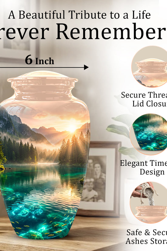 Serene Mountain Lake Cremation Urn- Custom Memorial Art Urns For Ashes