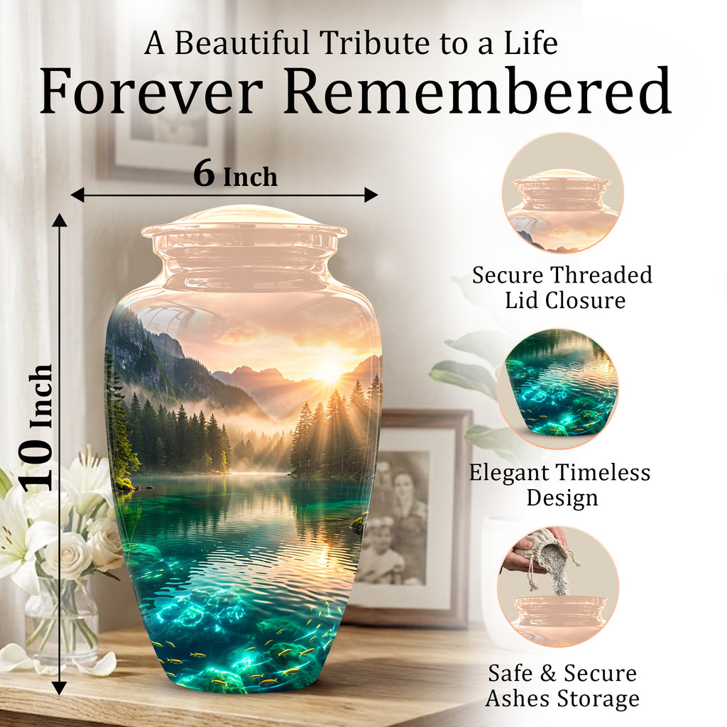 Serene Mountain Lake Cremation Urn- Custom Memorial Art Urns For Ashes