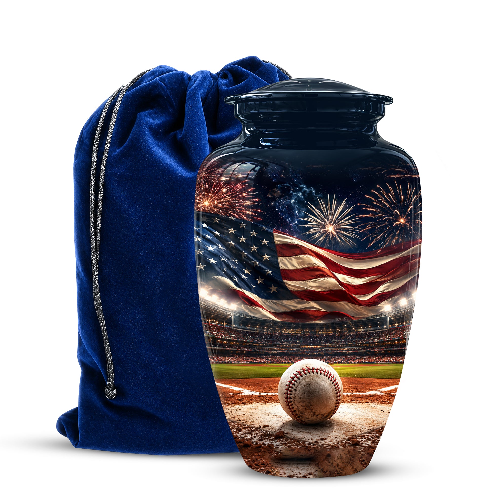Cremation urn with American flag and baseball field design, accompanied by a blue drawstring bag.